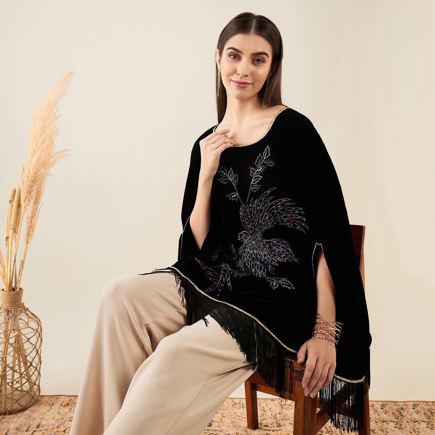 Black Embroidered Velvet Poncho