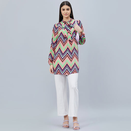 Peach and Mauve Chevron Tie-Neck Top