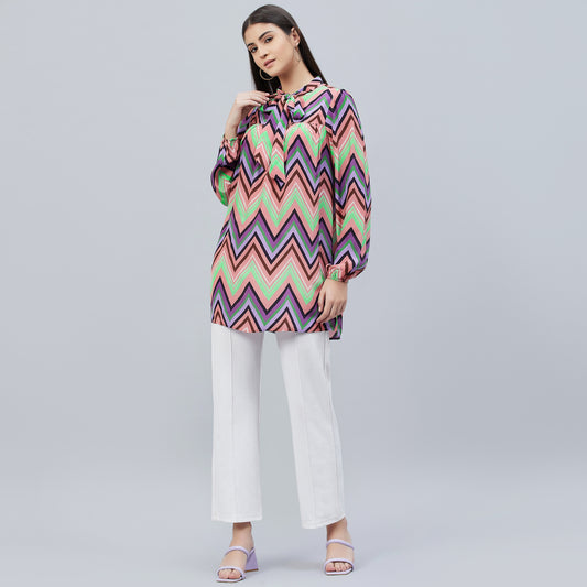 Peach and Mauve Chevron Tie-Neck Top