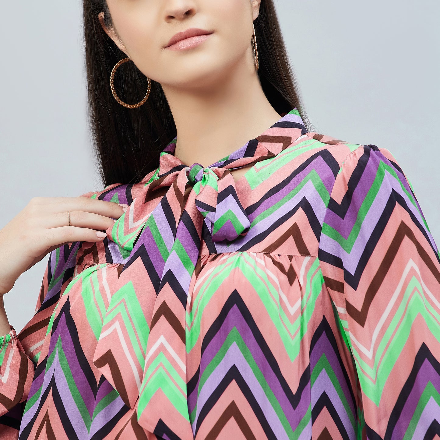 Peach and Mauve Chevron Tie-Neck Top
