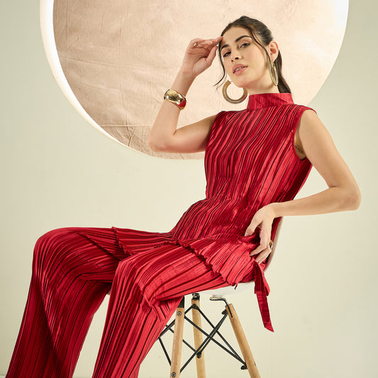 Venetian Red Sleeveless Turtle Neck Box Pleated Top