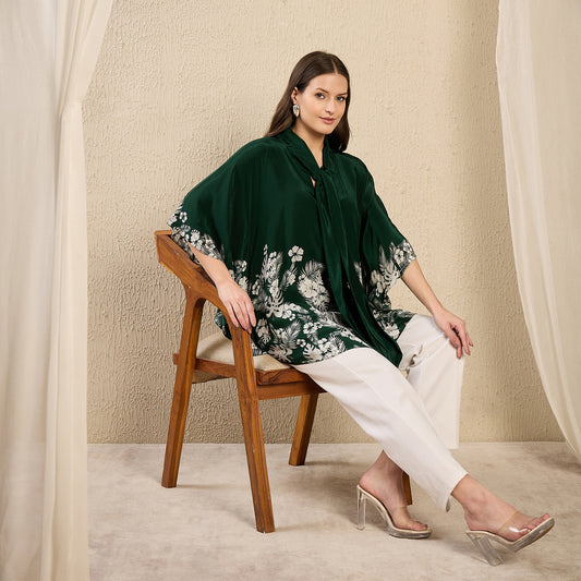 Bottle Green and Grey Floral Bow-Tie Top