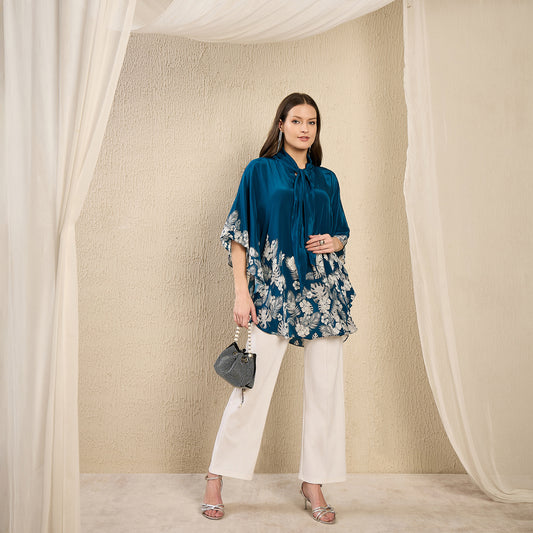 Blue and Grey Floral Bow-Tie Top