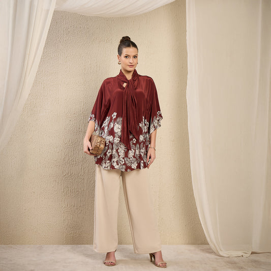 Brown and Grey Floral Bow-Tie Top