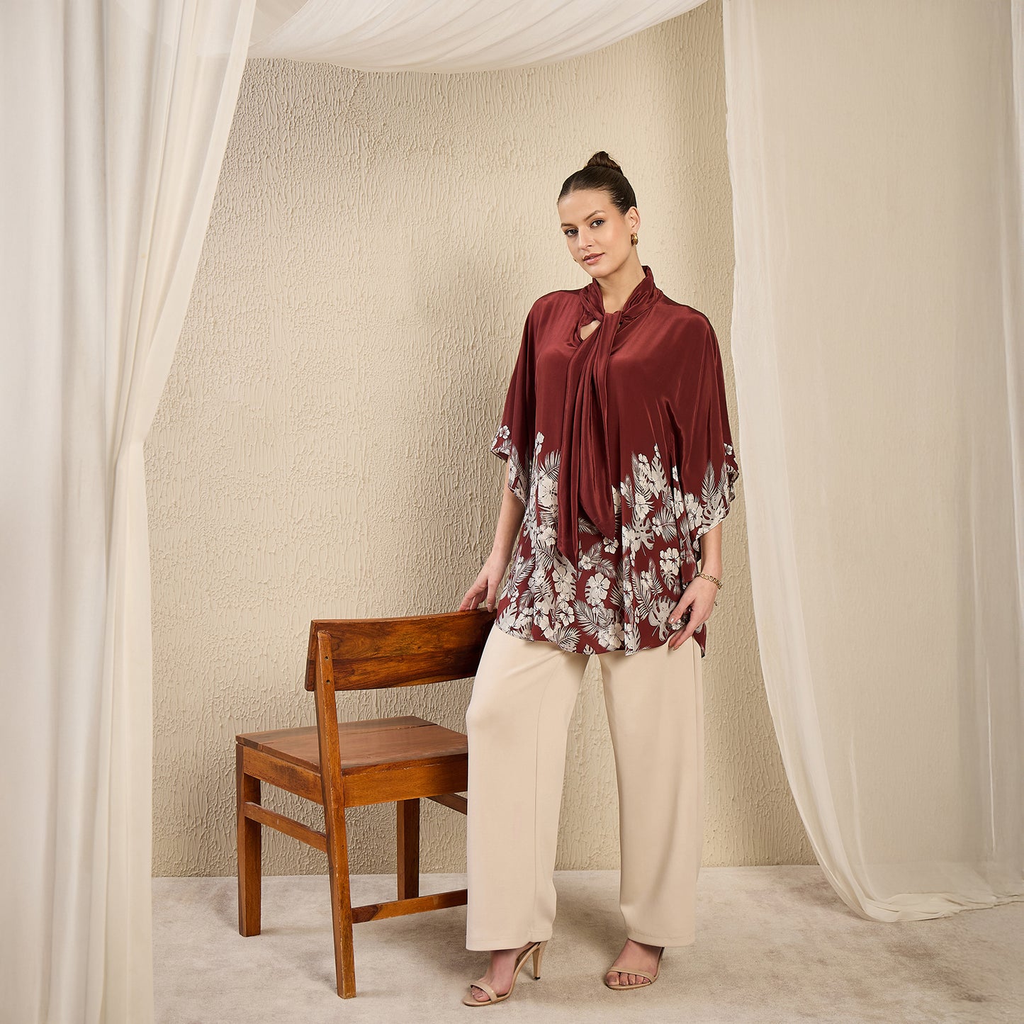 Brown and Grey Floral Bow-Tie Top