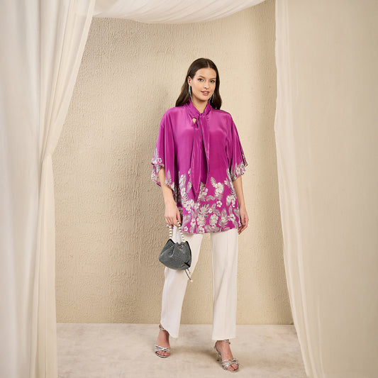 Pinkish Purple and Grey Floral Bow-Tie Top