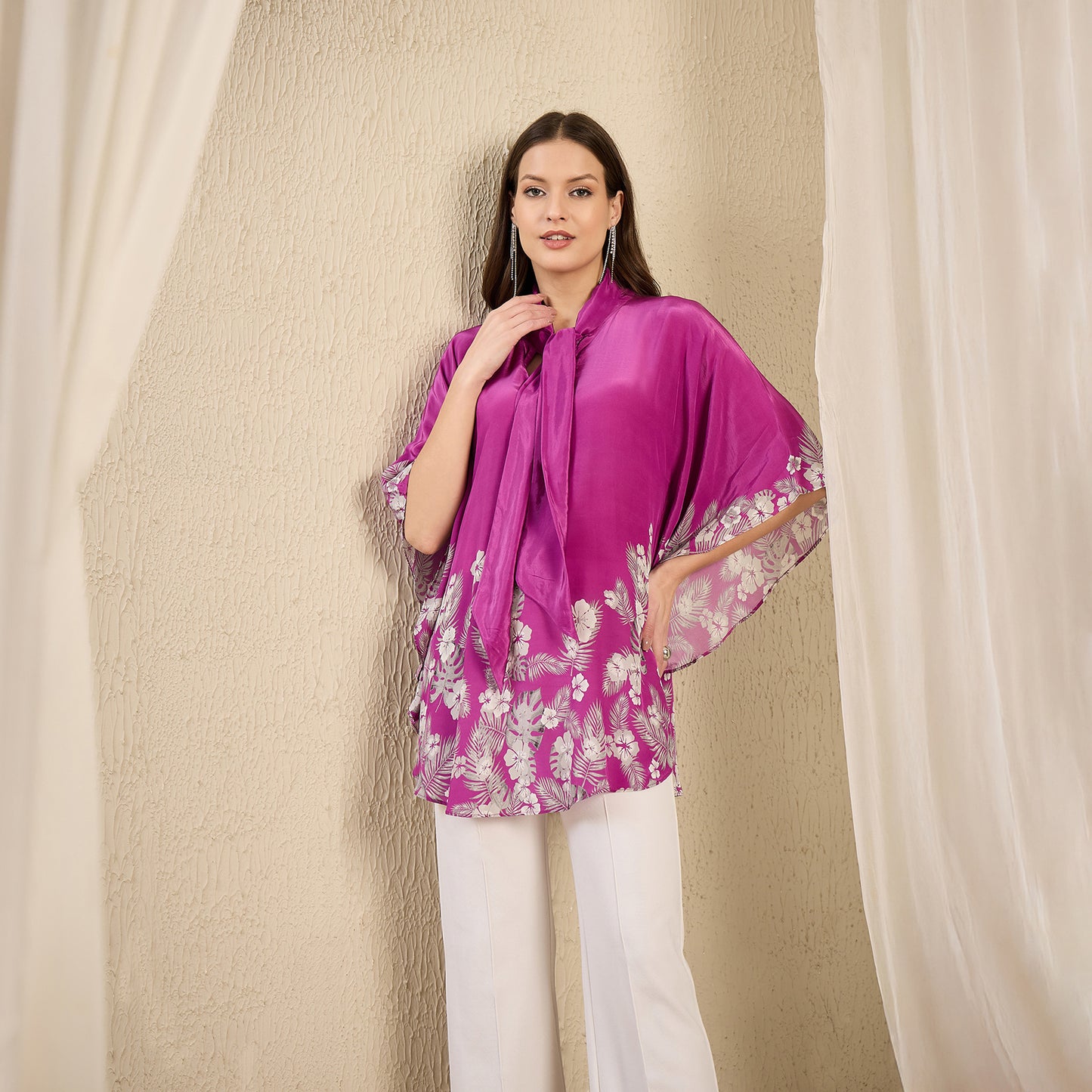 Pinkish Purple and Grey Floral Bow-Tie Top