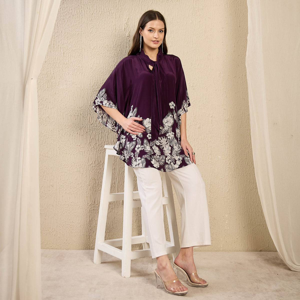 Purple and Grey Floral Print Top for Women – Viscose Crepe – Close Up | First Resort by Ramola Bachchan