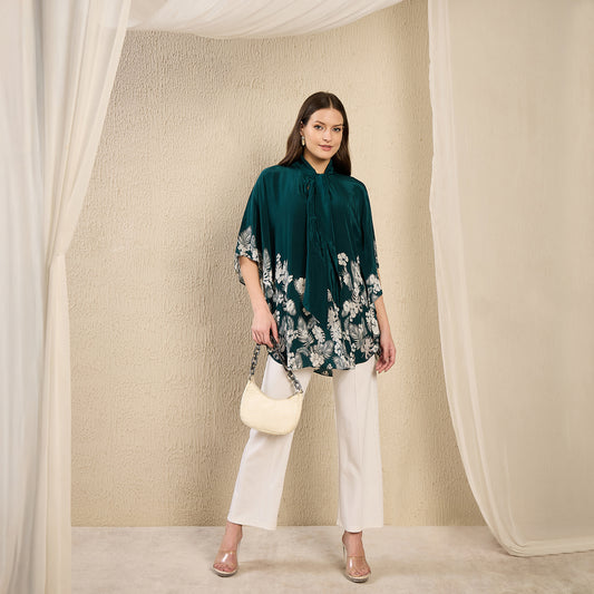 Teal Green and Grey Floral Bow-Tie Top