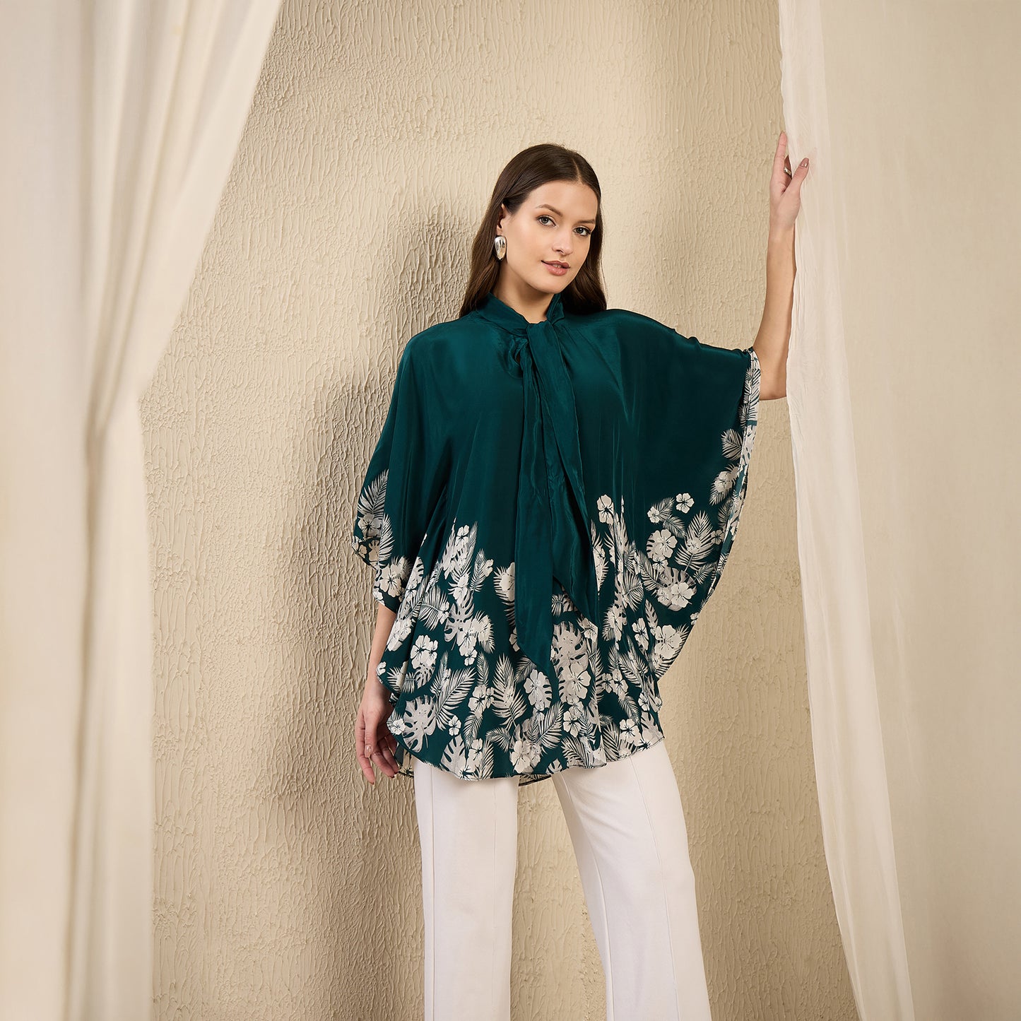 Teal Green and Grey Floral Bow-Tie Top