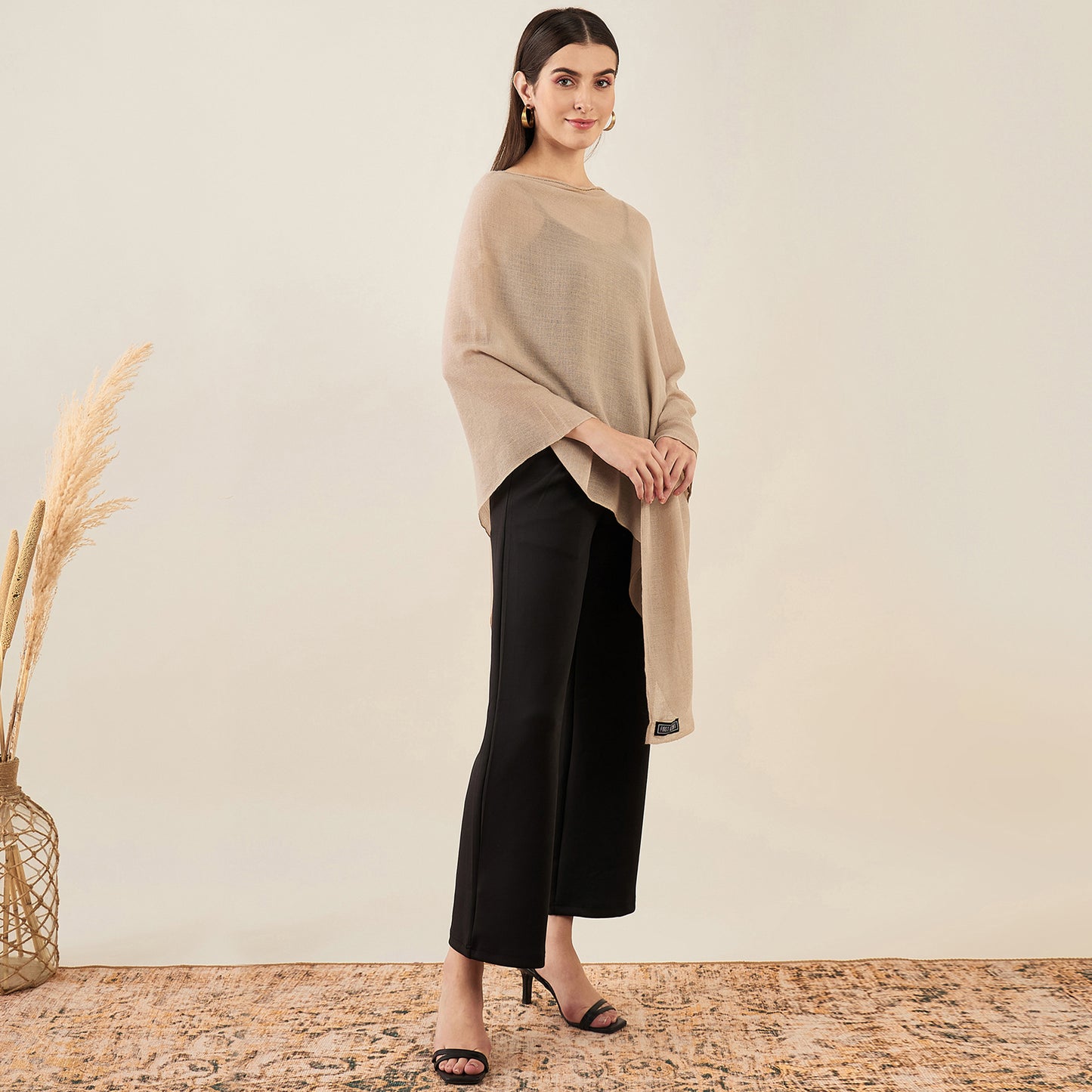 Almond Ombre Asymmetrical Embellished Cashmere Poncho