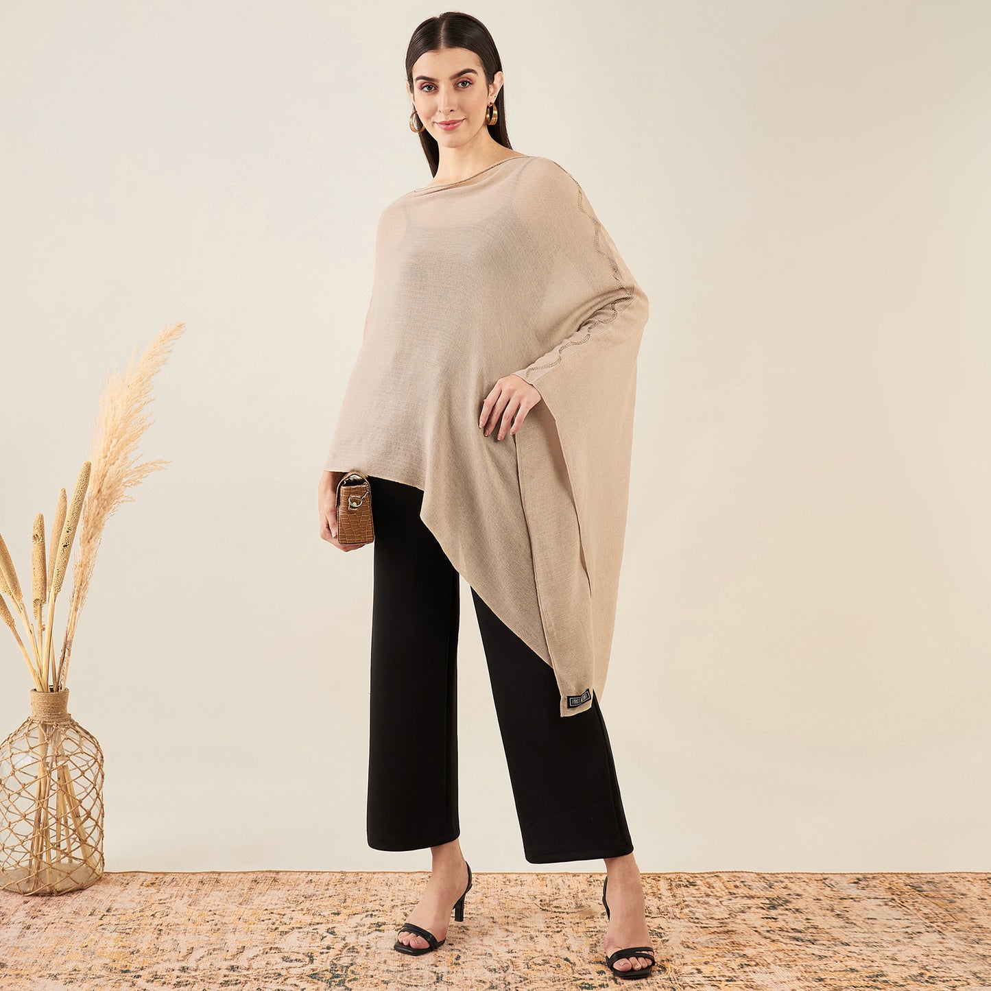 Almond Ombre Asymmetrical Embellished Cashmere Poncho