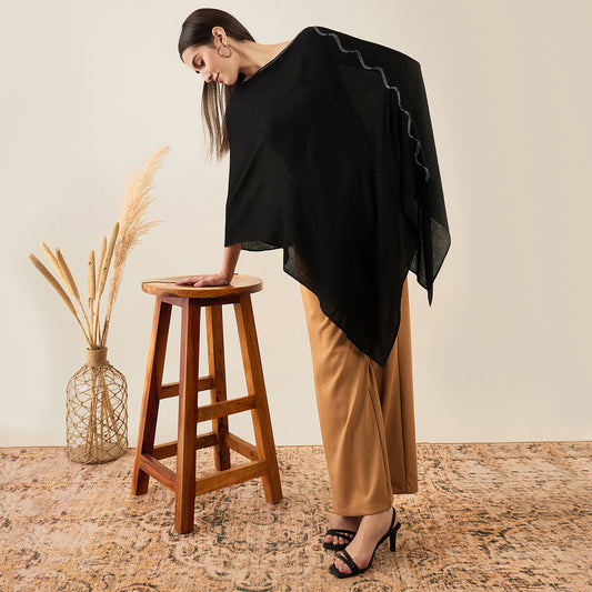 Black Asymmetrical Embellished Cashmere Poncho