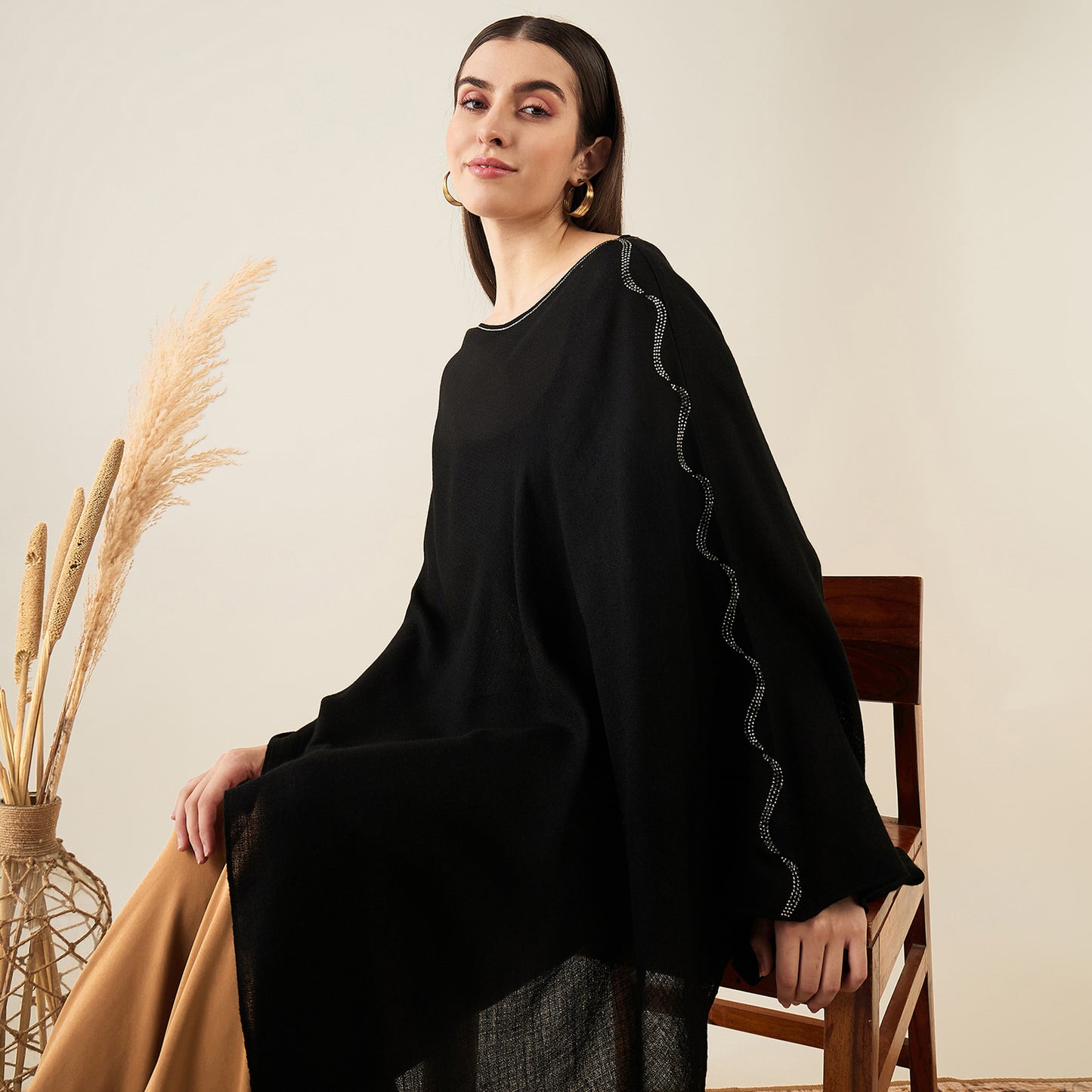 Black Asymmetrical Embellished Cashmere Poncho