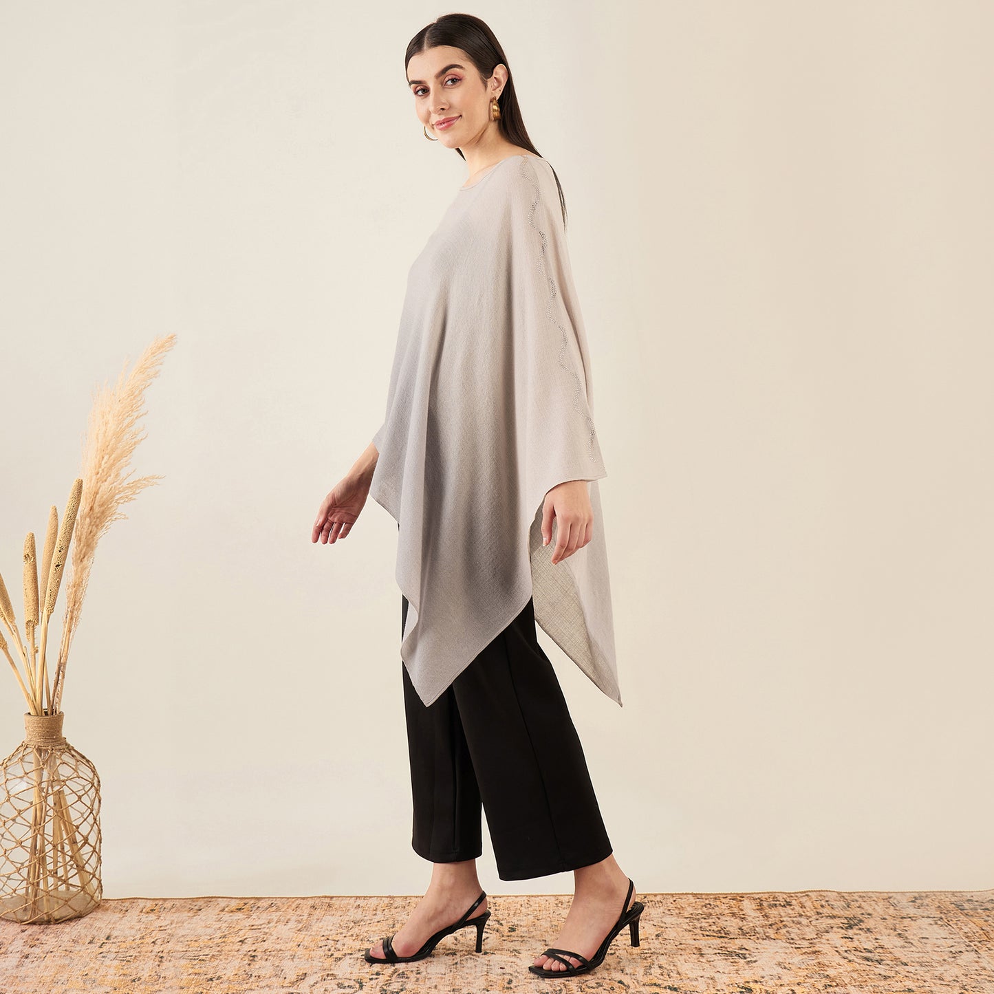 Beige Ombre Asymmetrical Embellished Cashmere Poncho