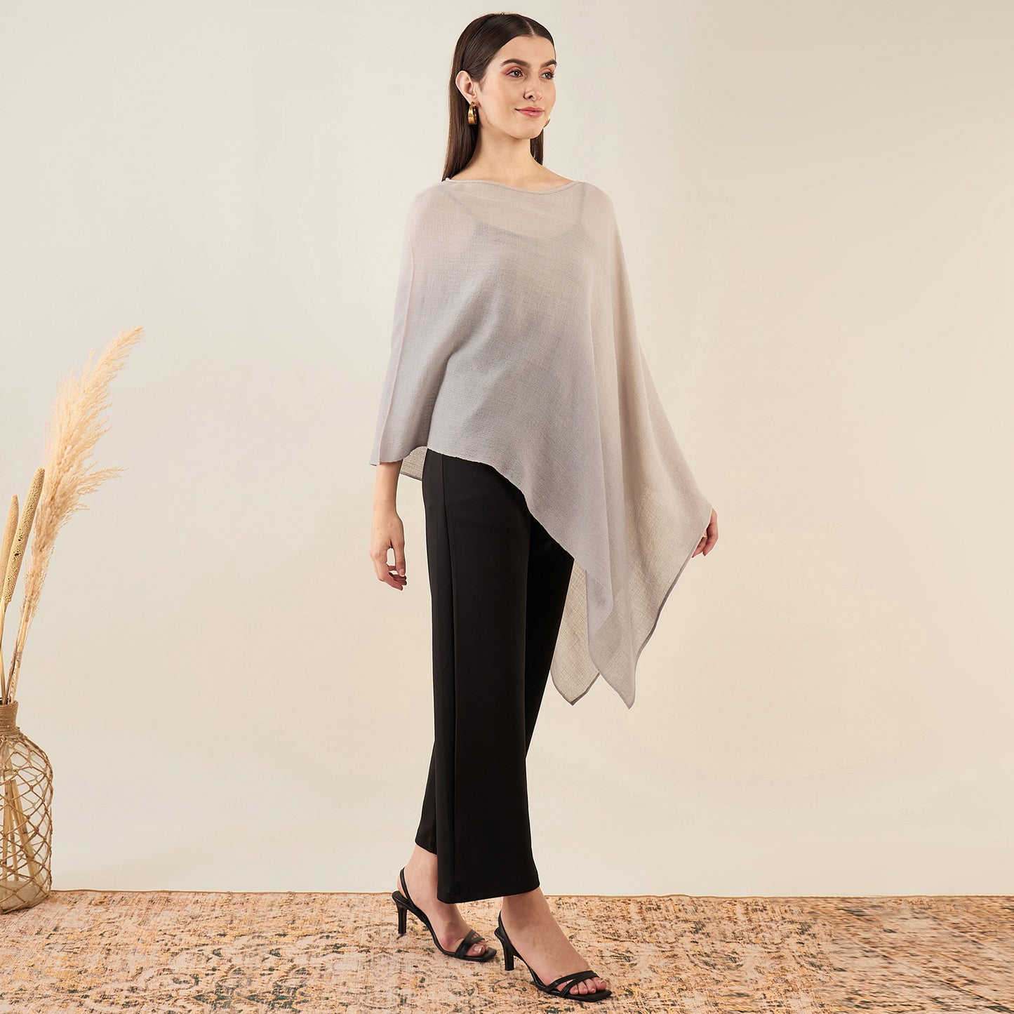 Beige Ombre Asymmetrical Embellished Cashmere Poncho