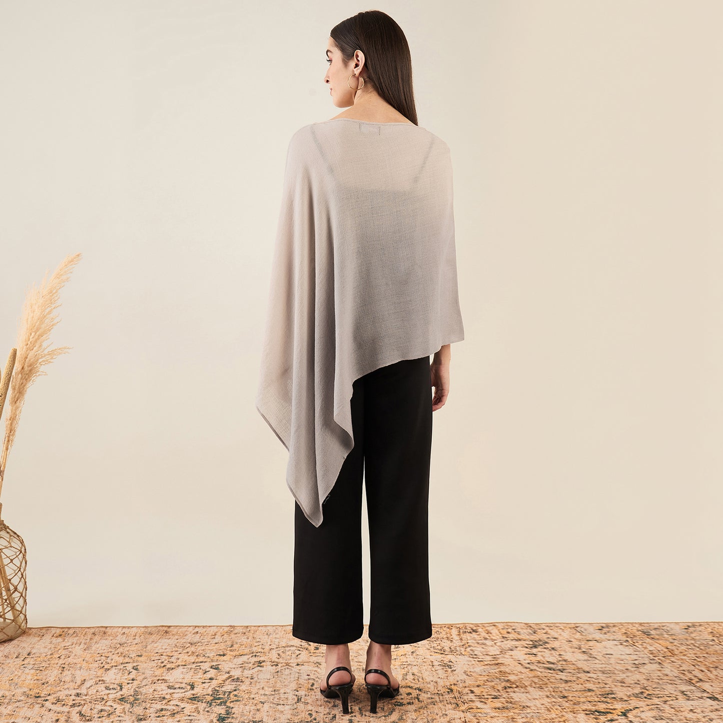 Beige Ombre Asymmetrical Embellished Cashmere Poncho