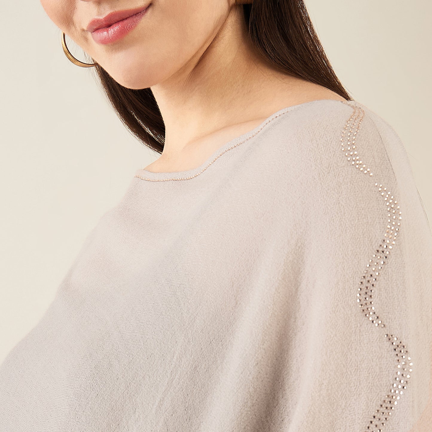 Beige Ombre Asymmetrical Embellished Cashmere Poncho