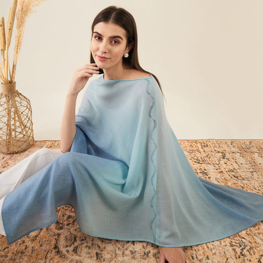 Blue Ombre Asymmetrical Embellished Cashmere Poncho