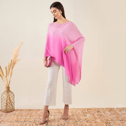 Candy Pink Ombre Asymmetrical Embellished Cashmere Poncho