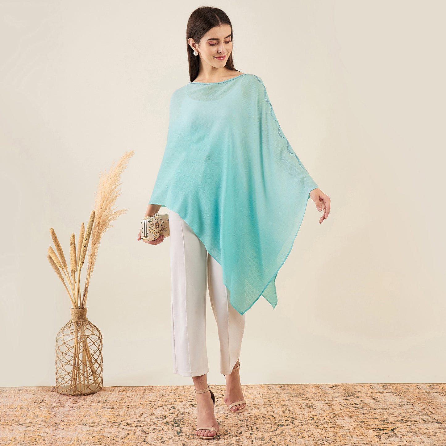 Mint Green Ombre Asymmetrical Embellished Cashmere Poncho