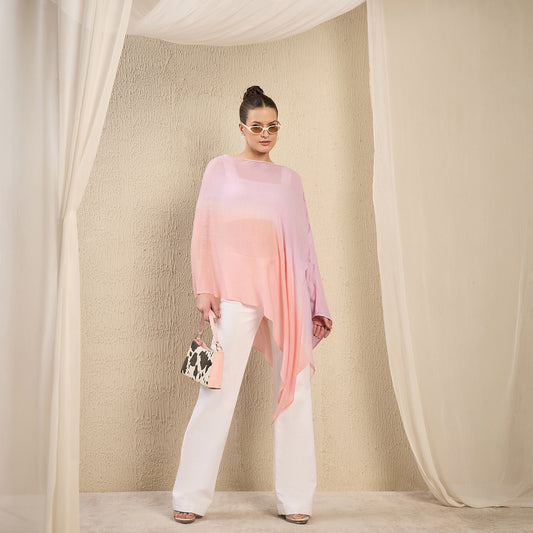 Lilac and Peach Ombre Asymmetrical Embellished Cashmere Poncho