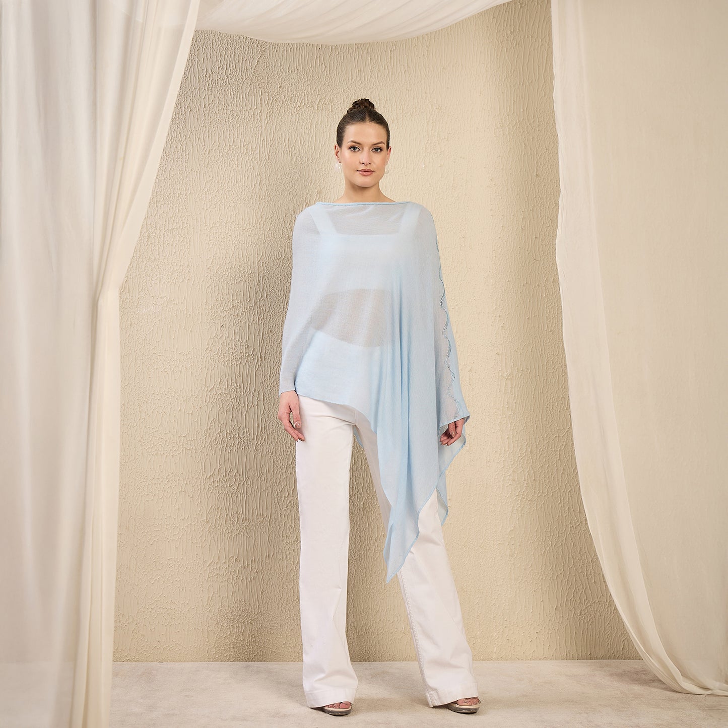 Sky Blue Ombre Asymmetrical Embellished Cashmere Poncho