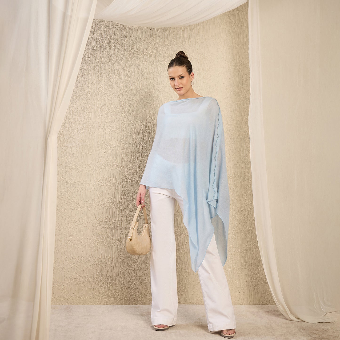 Sky Blue Ombre Asymmetrical Embellished Cashmere Poncho
