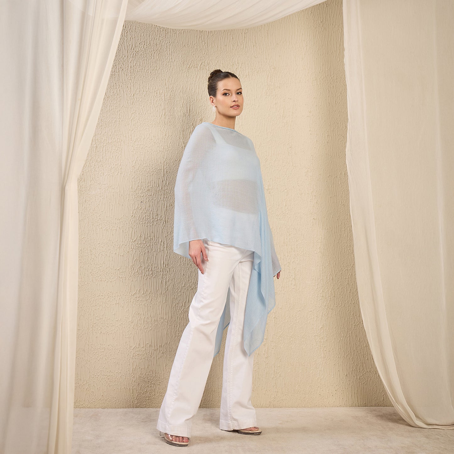 Sky Blue Ombre Asymmetrical Embellished Cashmere Poncho