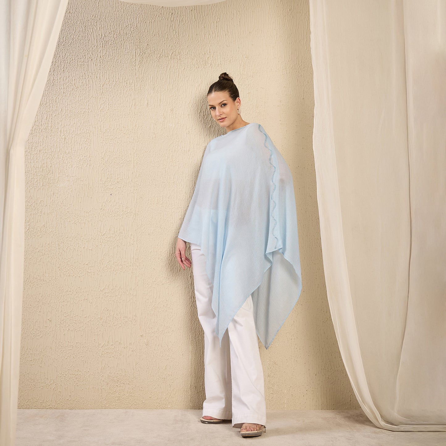 Sky Blue Ombre Asymmetrical Embellished Cashmere Poncho