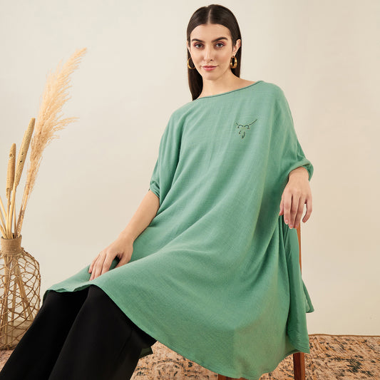 Seafood Green Embellished Long Cashmere Poncho