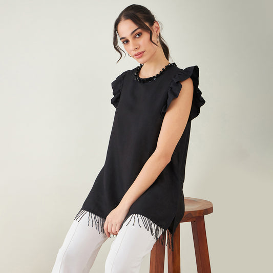 Black Linen Top with Bead Lace