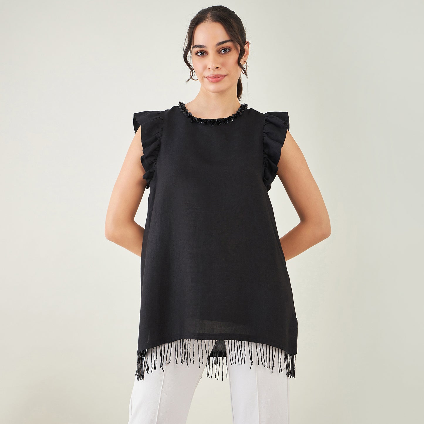 Black Linen Top with Bead Lace