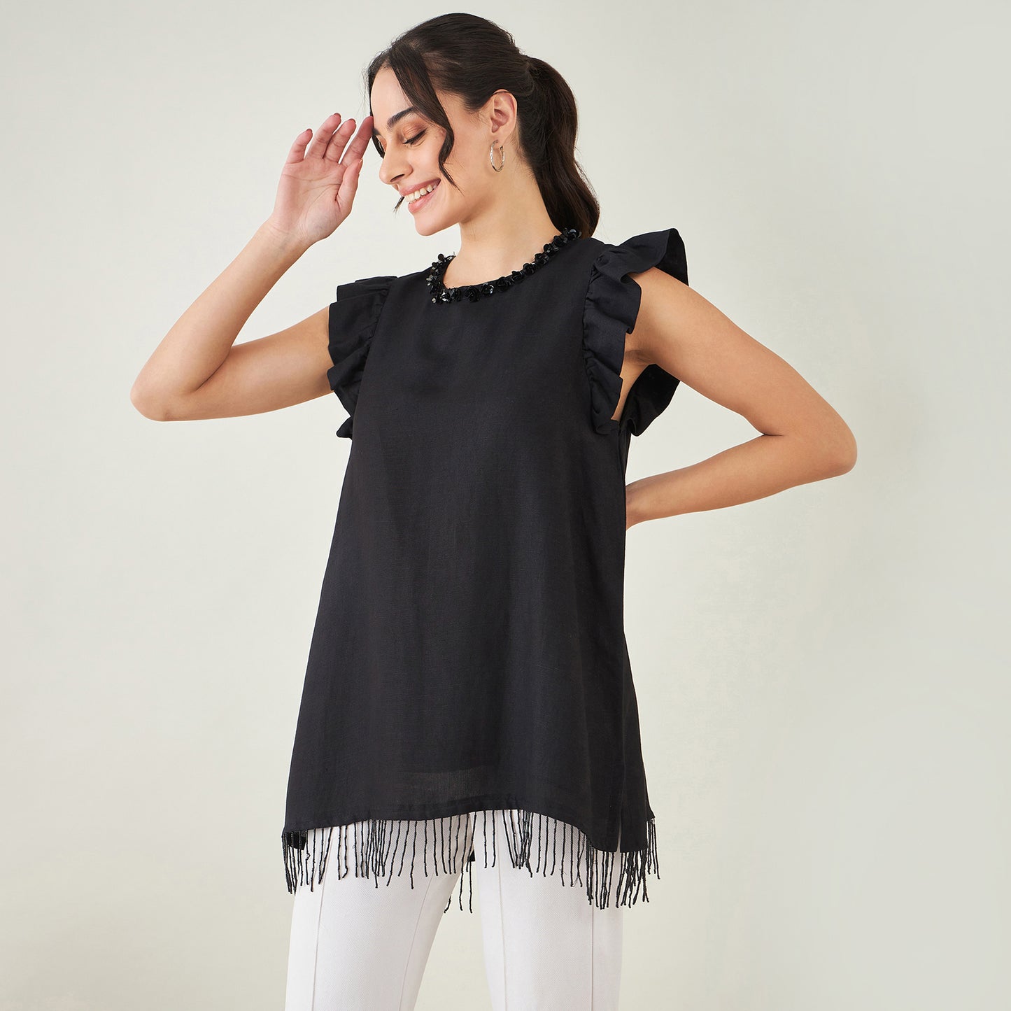 Black Linen Top with Bead Lace