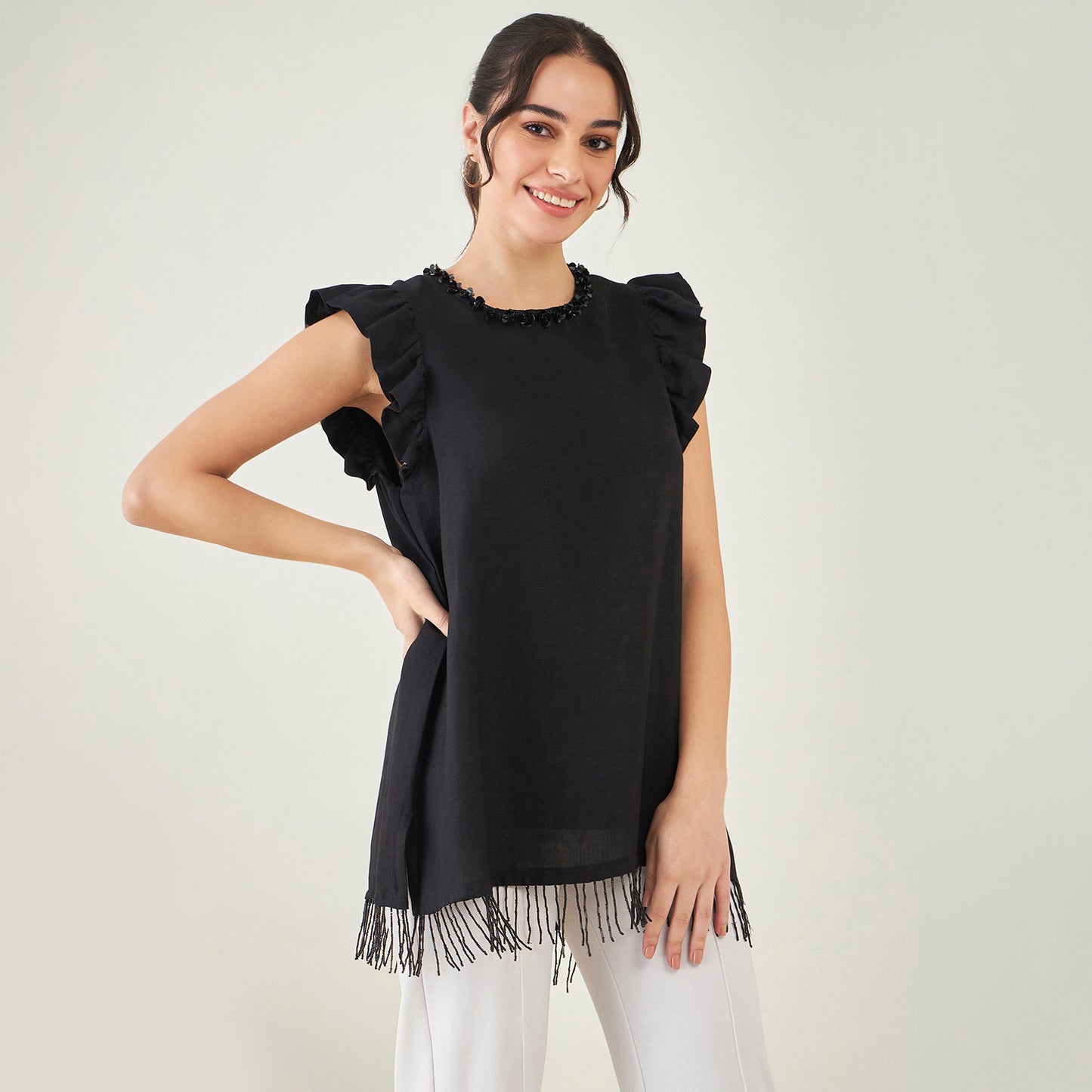 Black Linen Top with Bead Lace