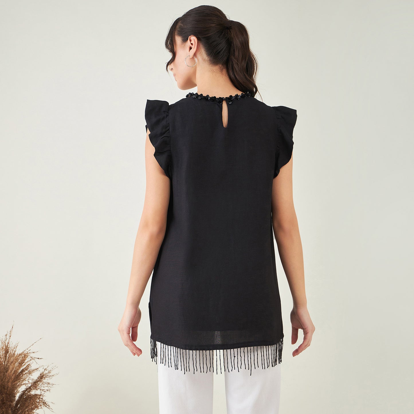 Black Linen Top with Bead Lace