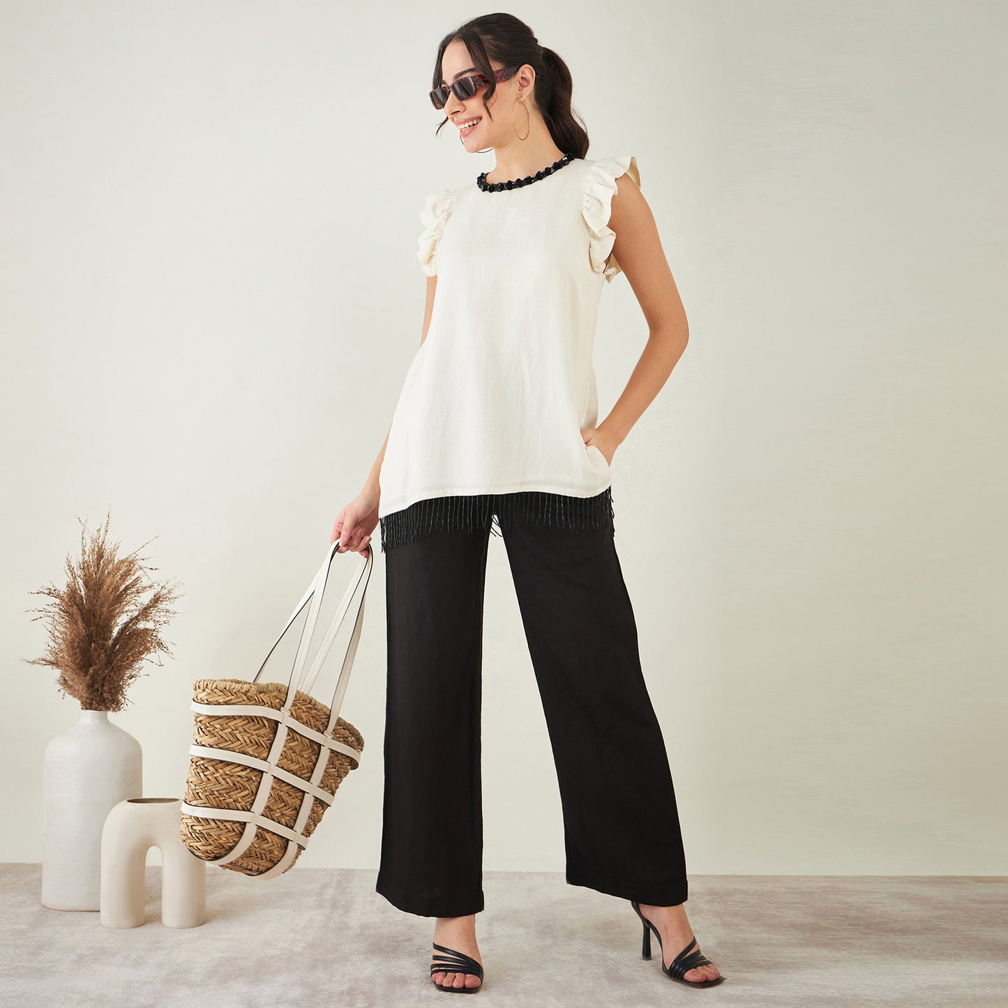 Off White Linen Top with Bead Lace