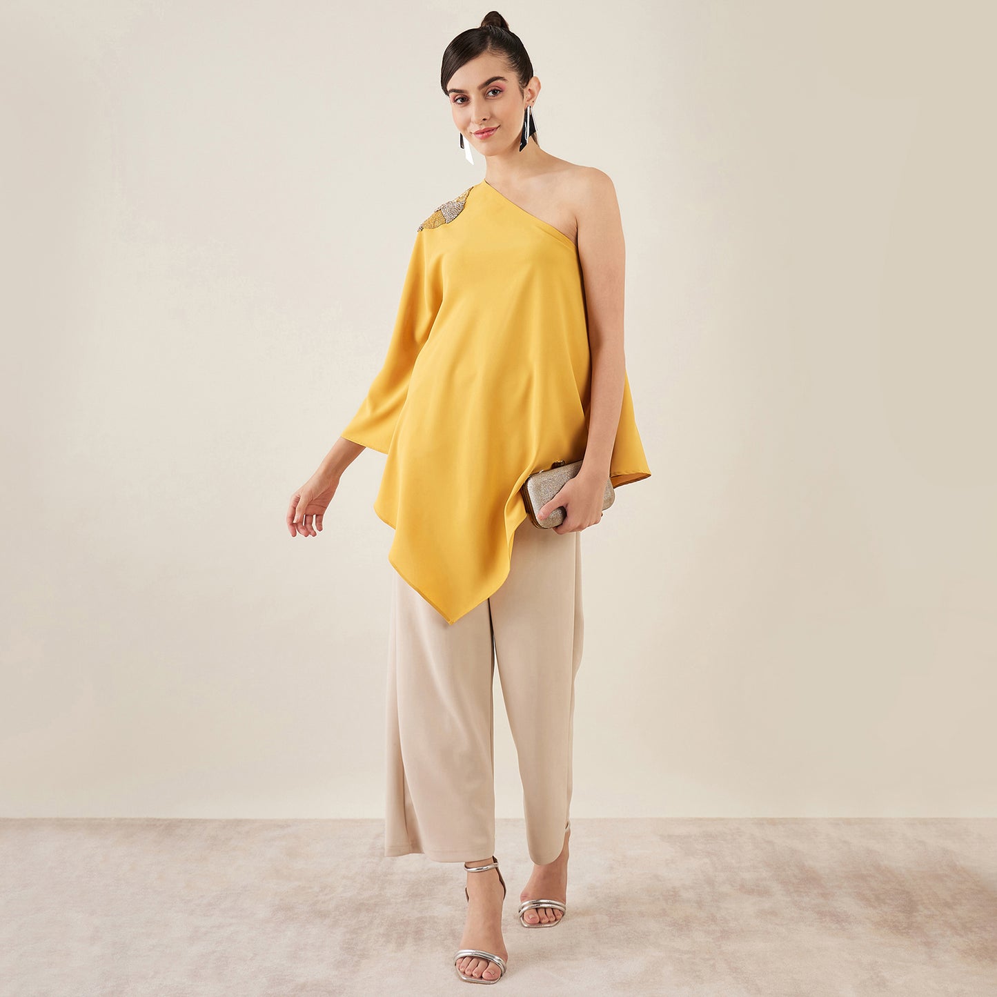 Mustard One-Shoulder Crystal Hand Embroidered Asymmetrical Top