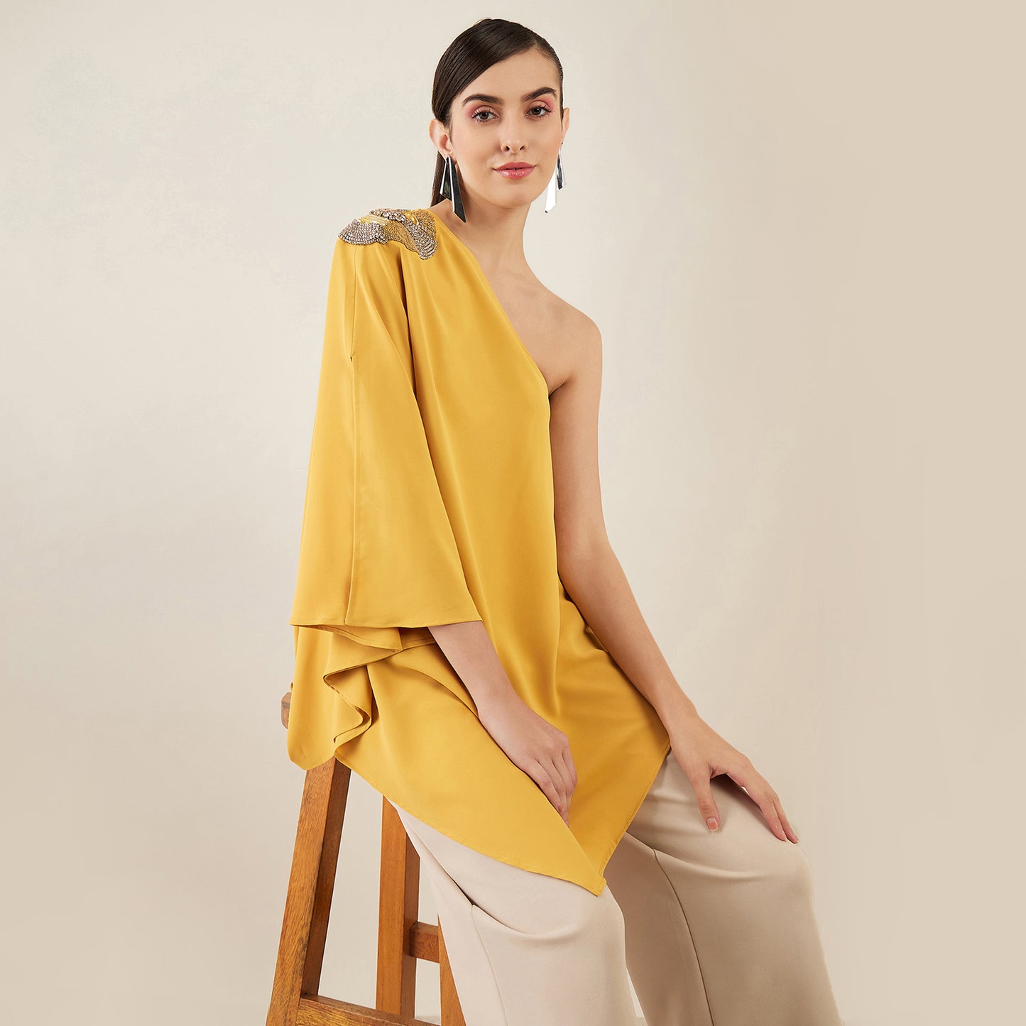 Mustard One-Shoulder Crystal Hand Embroidered Asymmetrical Top