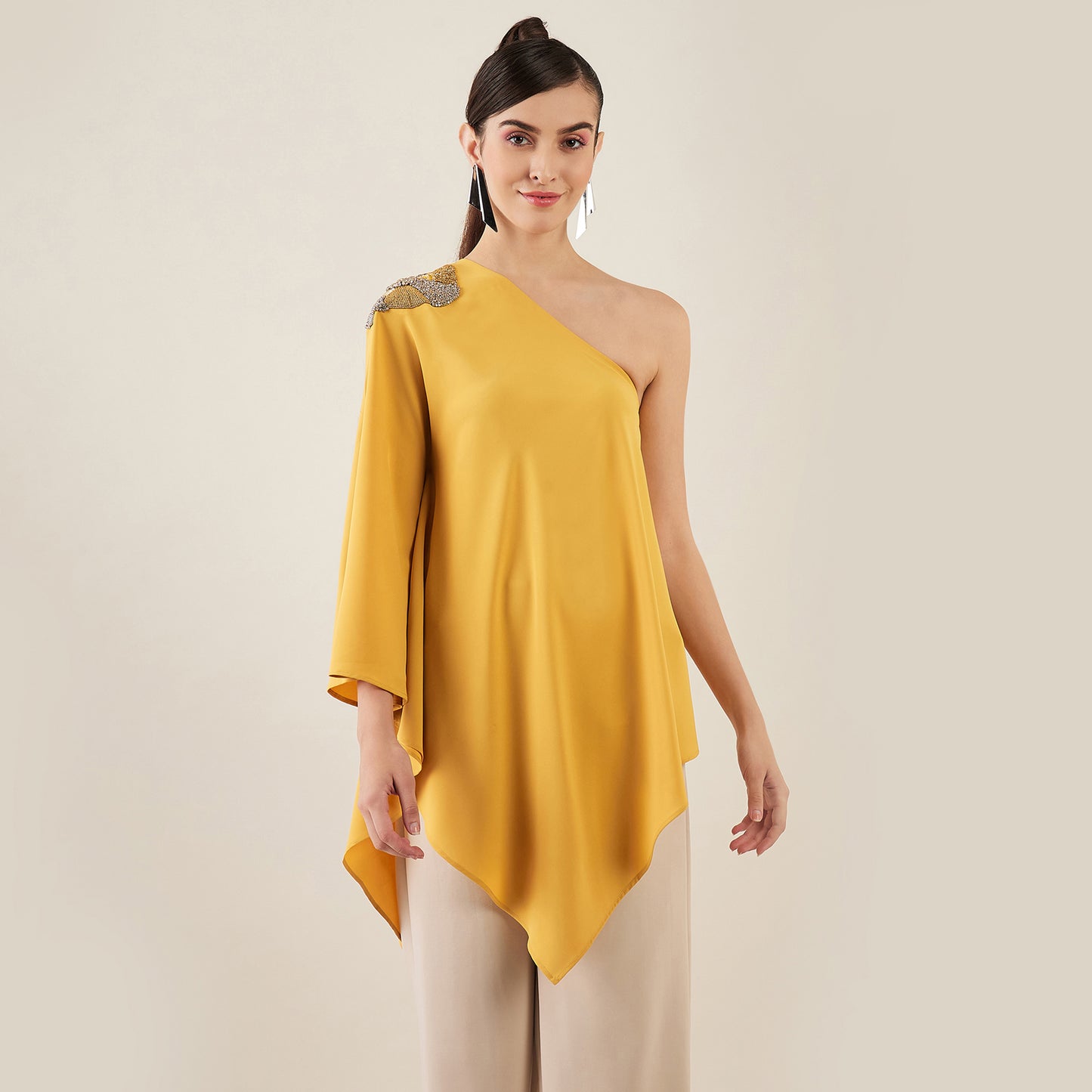 Mustard One-Shoulder Crystal Hand Embroidered Asymmetrical Top