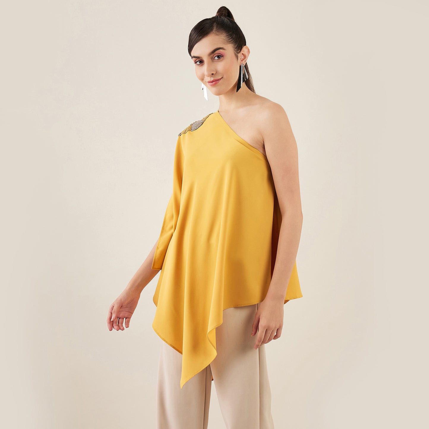 Mustard One-Shoulder Crystal Hand Embroidered Asymmetrical Top