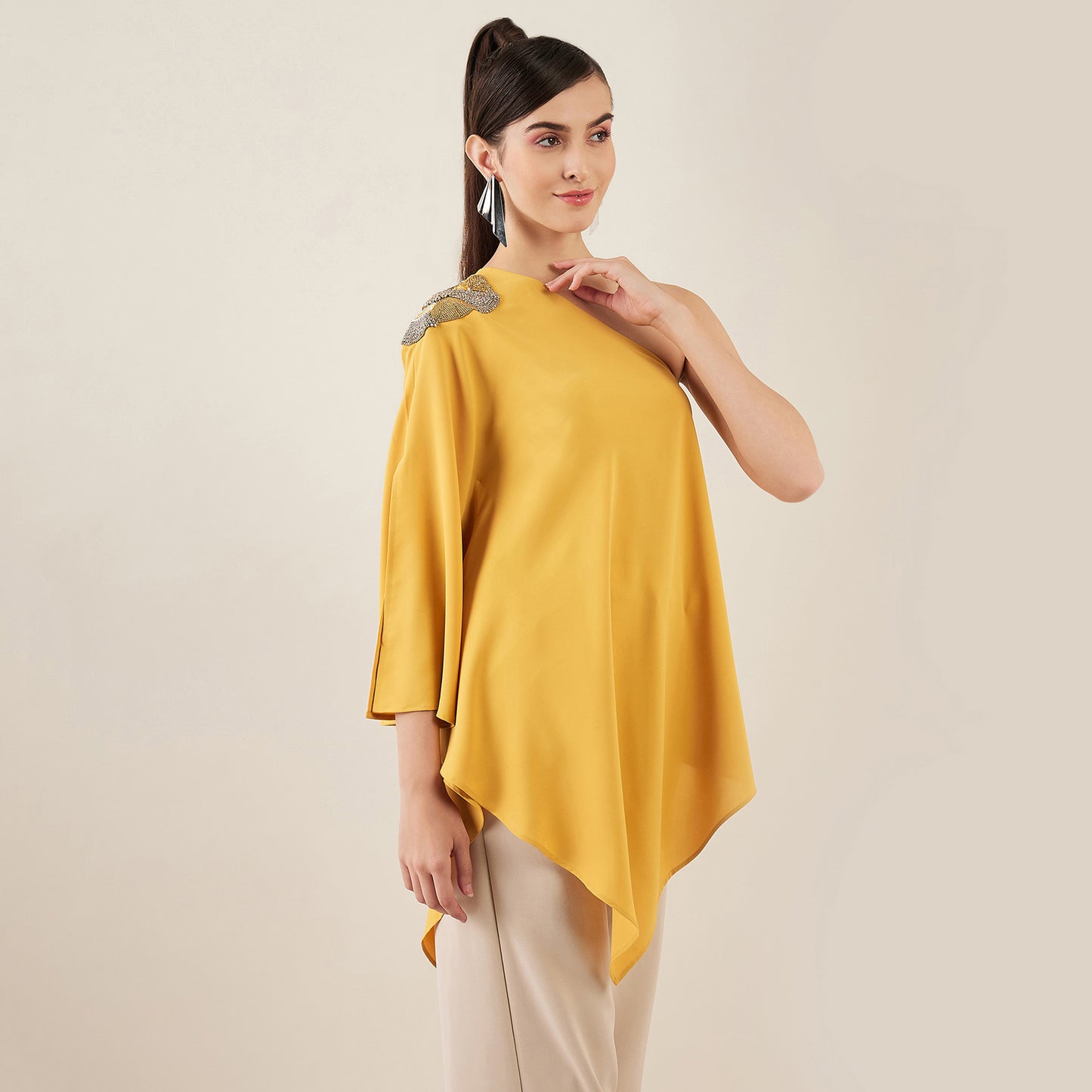 Mustard One-Shoulder Crystal Hand Embroidered Asymmetrical Top