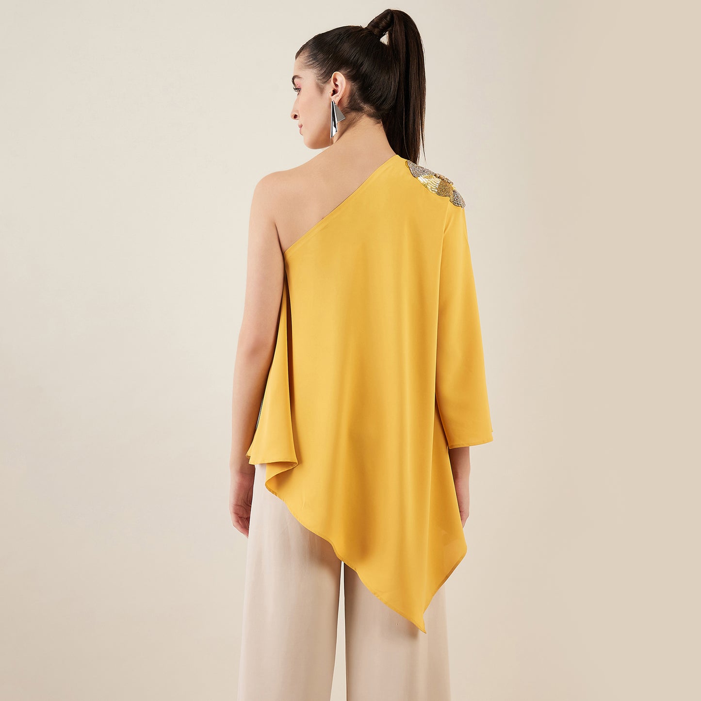 Mustard One-Shoulder Crystal Hand Embroidered Asymmetrical Top