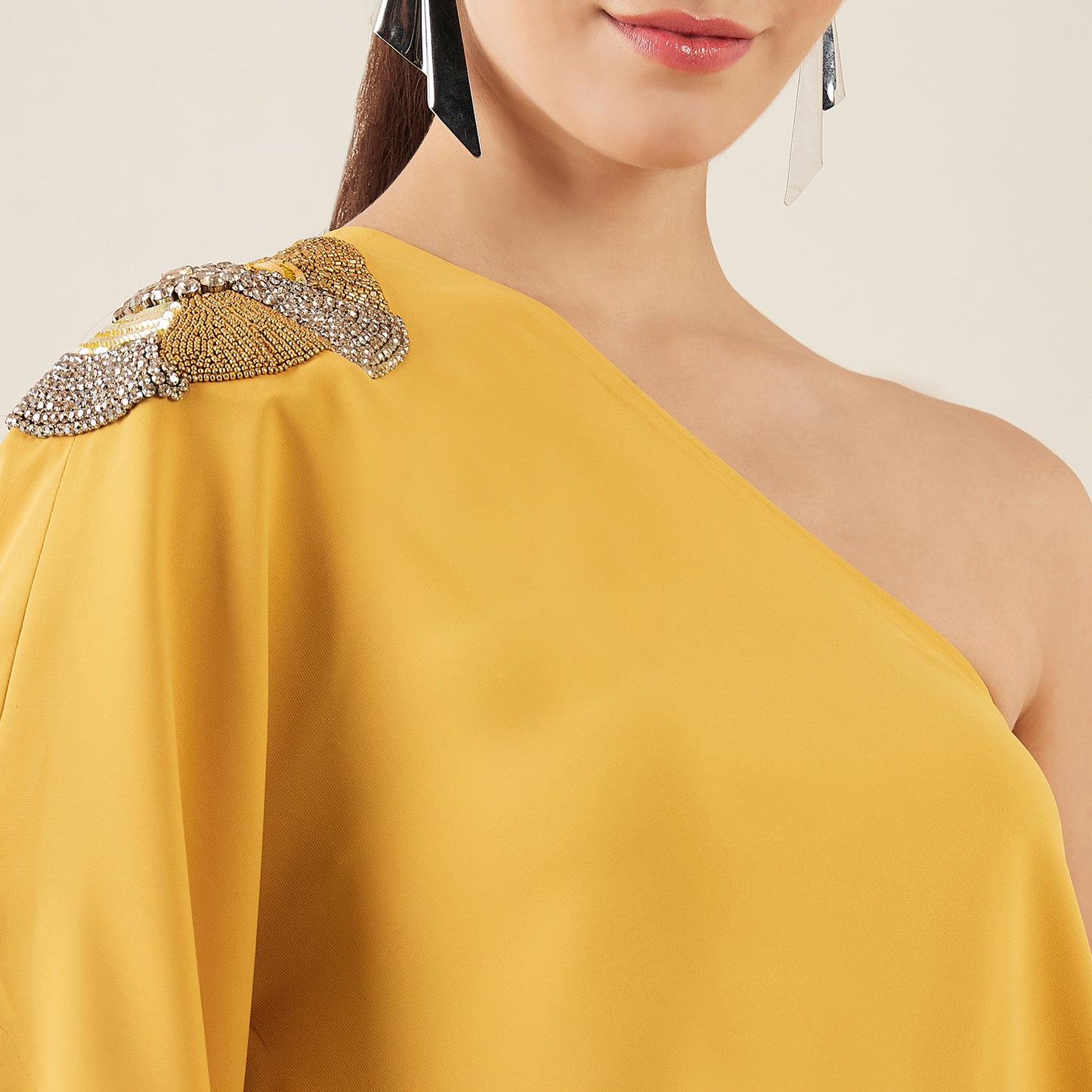 Mustard One-Shoulder Crystal Hand Embroidered Asymmetrical Top