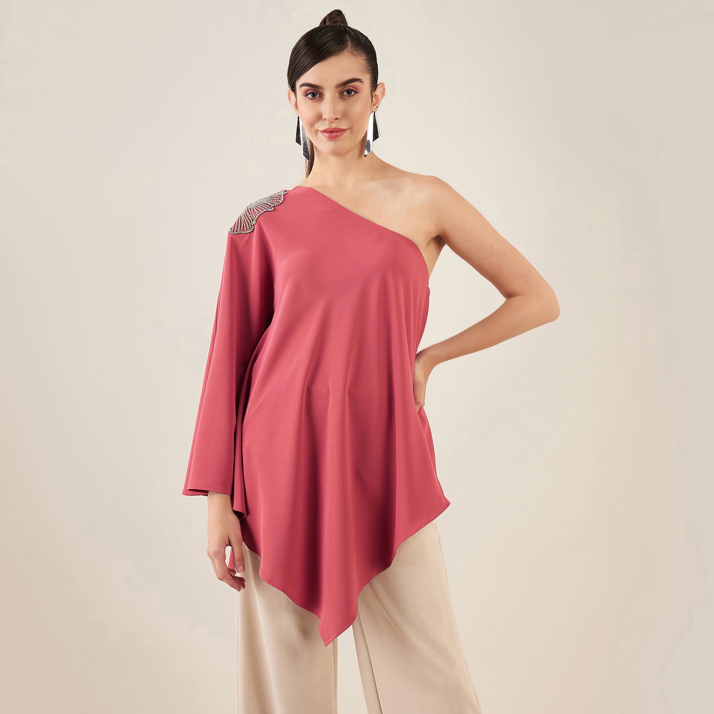 Rouge Red One-Shoulder Crystal Hand Embroidered Asymmetrical Top