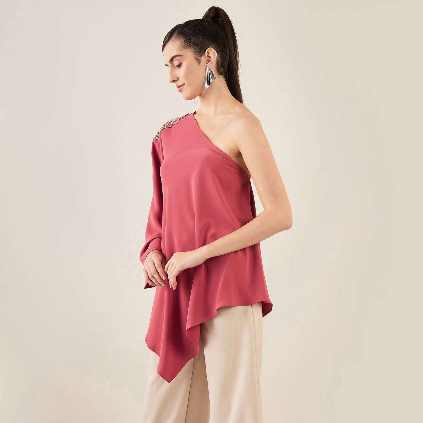 Rouge Red One-Shoulder Crystal Hand Embroidered Asymmetrical Top