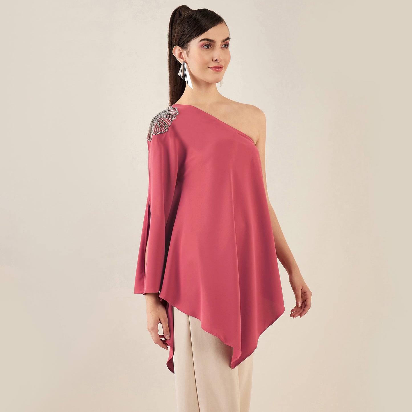 Rouge Red One-Shoulder Crystal Hand Embroidered Asymmetrical Top