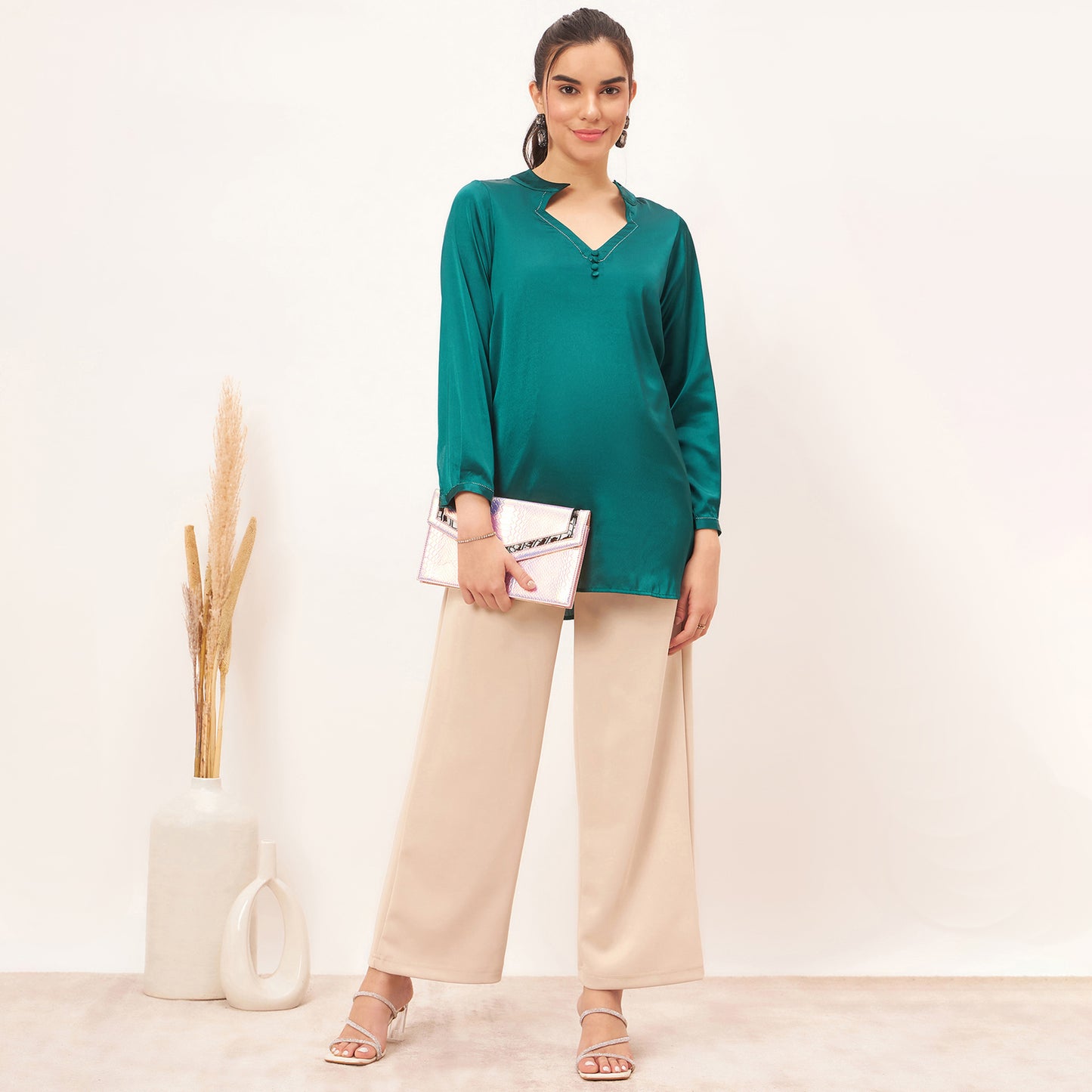 Teal Embellished Satin Top