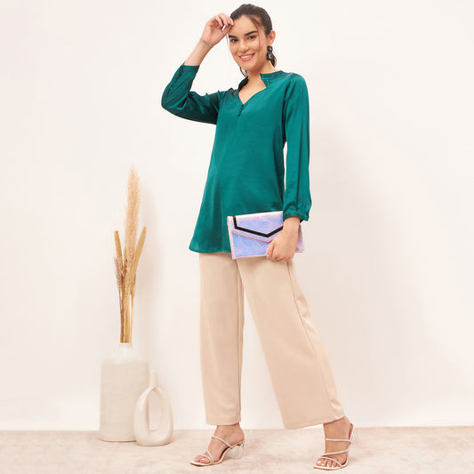 Teal Embellished Satin Top