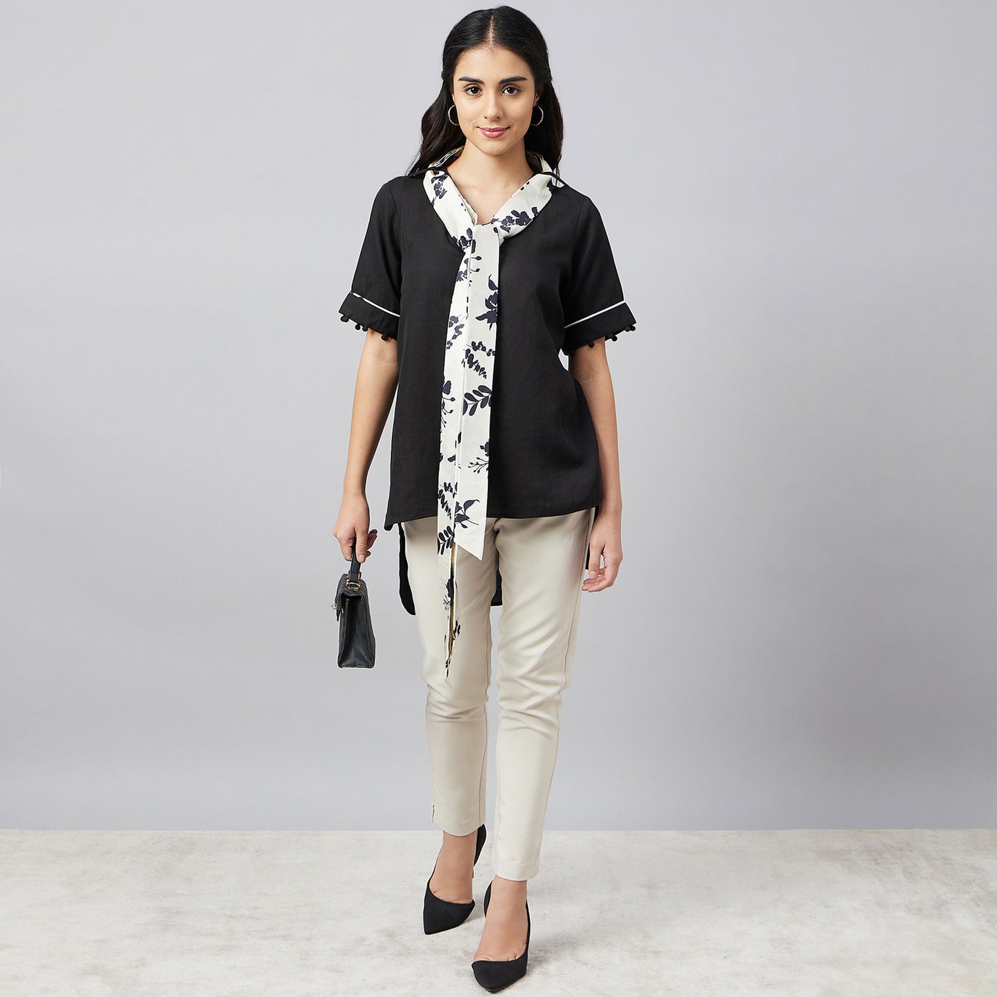 Black and Ivory Linen Top with Belt